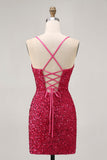 Sparkly Sequins Fuchsia Spaghetti Straps Short Tight Graduation Dress
