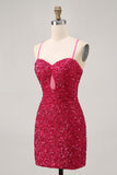Sparkly Sequins Fuchsia Spaghetti Straps Short Tight Graduation Dress