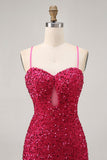 Sparkly Sequins Fuchsia Spaghetti Straps Short Tight Graduation Dress