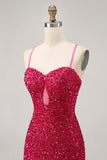 Sparkly Sequins Fuchsia Spaghetti Straps Short Tight Graduation Dress