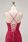 Sparkly Sequins Fuchsia Spaghetti Straps Short Tight Graduation Dress