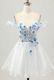 White Blue Flower A-Line Off the Shoulder Corset Short Graduation Dress