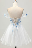 White Blue Flower A-Line Off the Shoulder Corset Short Graduation Dress
