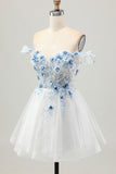 White Blue Flower A-Line Off the Shoulder Corset Short Graduation Dress