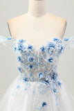 White Blue Flower A-Line Off the Shoulder Corset Short Graduation Dress