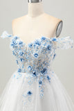 White Blue Flower A-Line Off the Shoulder Corset Short Graduation Dress