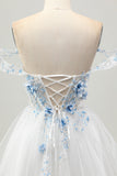White Blue Flower A-Line Off the Shoulder Corset Short Graduation Dress