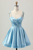 Blue Satin A Line Short Spaghetti Straps Graduation Dress