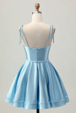 Blue Satin A Line Short Spaghetti Straps Graduation Dress
