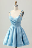 Blue Satin A Line Short Spaghetti Straps Graduation Dress