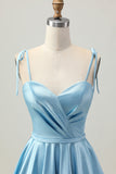 Blue Satin A Line Short Spaghetti Straps Graduation Dress
