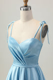 Blue Satin A Line Short Spaghetti Straps Graduation Dress