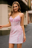 Candy Pink Flower Spaghetti Straps Corset Bodycon Short Graduation Dress