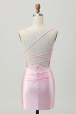 Blush Pink Bodycon Spaghetti Straps Short Graduation Dress with Lace Up Back