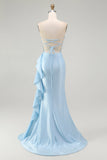 Sparkly Light Blue Strapless Corset Mermaid Beaded Long Prom Dress with Slit
