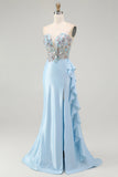 Sparkly Light Blue Strapless Corset Mermaid Beaded Long Prom Dress with Slit