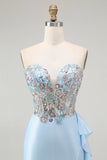 Sparkly Light Blue Strapless Corset Mermaid Beaded Long Prom Dress with Slit