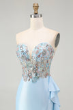 Sparkly Light Blue Strapless Corset Mermaid Beaded Long Prom Dress with Slit