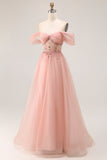 Blush Off The Shoulder Beaded A Line Tulle Long Prom Dress