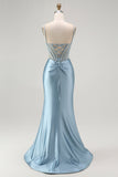 Grey Blue Mermaid Beaded Appliqued Corset Long Prom Dress with Slit