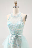 Sparkly Light Green A-Line Halter Sequins Corset Long Prom Dress with Beading