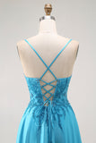 A Line Beaded Long Blue Prom Dress With Appliques