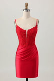 Dark Red Spaghetti Straps Beaded Short Tight Graduation Dress with Lace Up Back