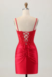 Dark Red Spaghetti Straps Beaded Short Tight Graduation Dress with Lace Up Back