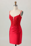 Dark Red Spaghetti Straps Beaded Short Tight Graduation Dress with Lace Up Back