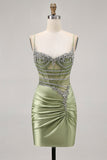 Sage Green Beaded Corset Tight Ruched Short Graduation Dress with Rhinestones