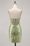 Sage Green Beaded Corset Tight Ruched Short Graduation Dress with Rhinestones
