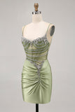 Sage Green Beaded Corset Tight Ruched Short Graduation Dress with Rhinestones