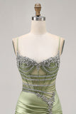 Sage Green Beaded Corset Tight Ruched Short Graduation Dress with Rhinestones
