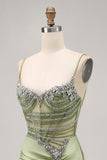 Sage Green Beaded Corset Tight Ruched Short Graduation Dress with Rhinestones