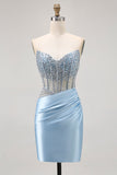 Blue Strapless Satin Beaded Corset Tight Graduation Dress