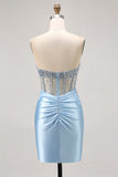 Blue Strapless Satin Beaded Corset Tight Graduation Dress