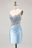 Blue Strapless Satin Beaded Corset Tight Graduation Dress