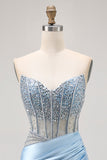 Blue Strapless Satin Beaded Corset Tight Graduation Dress