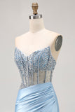 Blue Strapless Satin Beaded Corset Tight Graduation Dress