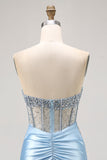 Blue Strapless Satin Beaded Corset Tight Graduation Dress