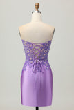 Sparkly Purple Bodycon Strapless Corset Ruched Sequins Short Graduation Dress