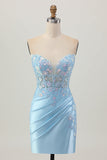 Light Blue Bodycon Strapless Corset Ruched Sequins Short Graduation Dress