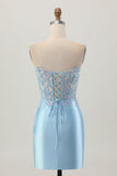 Light Blue Bodycon Strapless Corset Ruched Sequins Short Graduation Dress