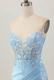 Light Blue Bodycon Strapless Corset Ruched Sequins Short Graduation Dress