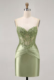 Green Strapless Corset Sequins Bodycon Short Graduation Dress with Appliques