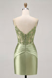 Green Strapless Corset Sequins Bodycon Short Graduation Dress with Appliques