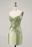 Green Strapless Corset Sequins Bodycon Short Graduation Dress with Appliques