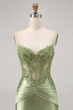 Green Strapless Corset Sequins Bodycon Short Graduation Dress with Appliques