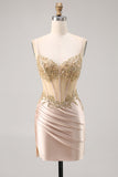 Champagne Satin Corset Graduation Dress with Sequins