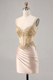Champagne Satin Corset Graduation Dress with Sequins